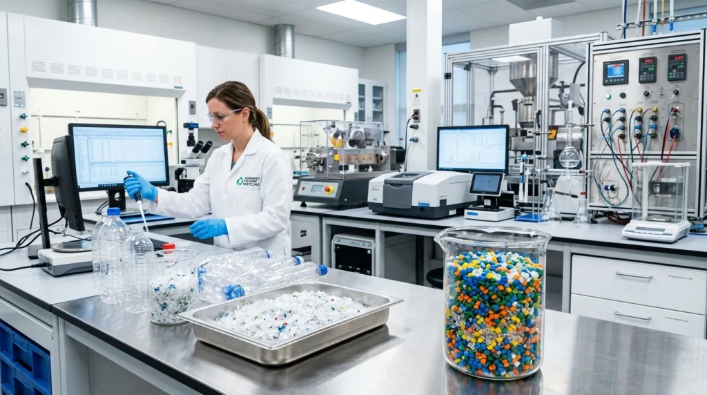 Farebné plastové polymérne pelety a recyklácia fliaš v laboratóriu