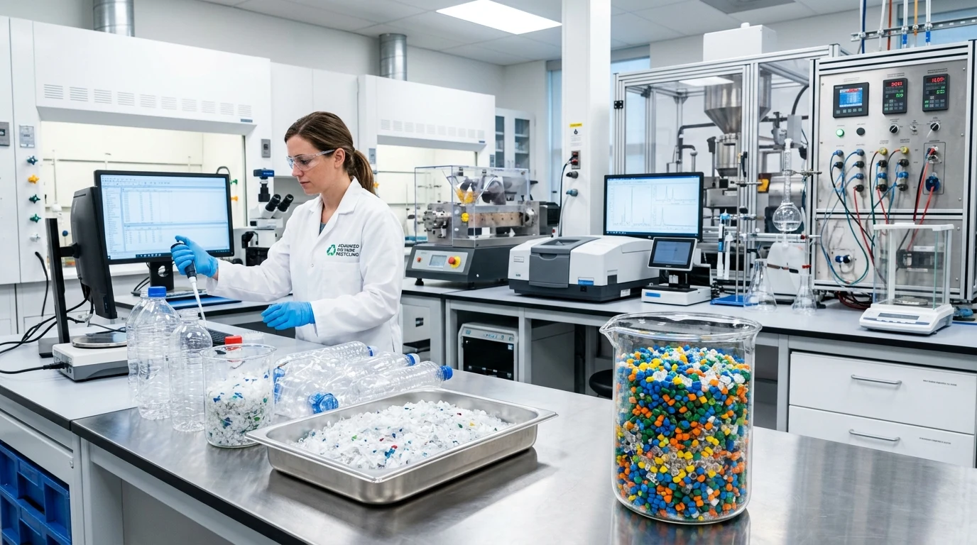 Plasty ako celok: Prehľad druhov (PET, HDPE, PVC, LDPE, PP, PS), recyklačné symboly a ich environmentálny dopad 1 Farebné plastové polymérne pelety a recyklácia fliaš v laboratóriu