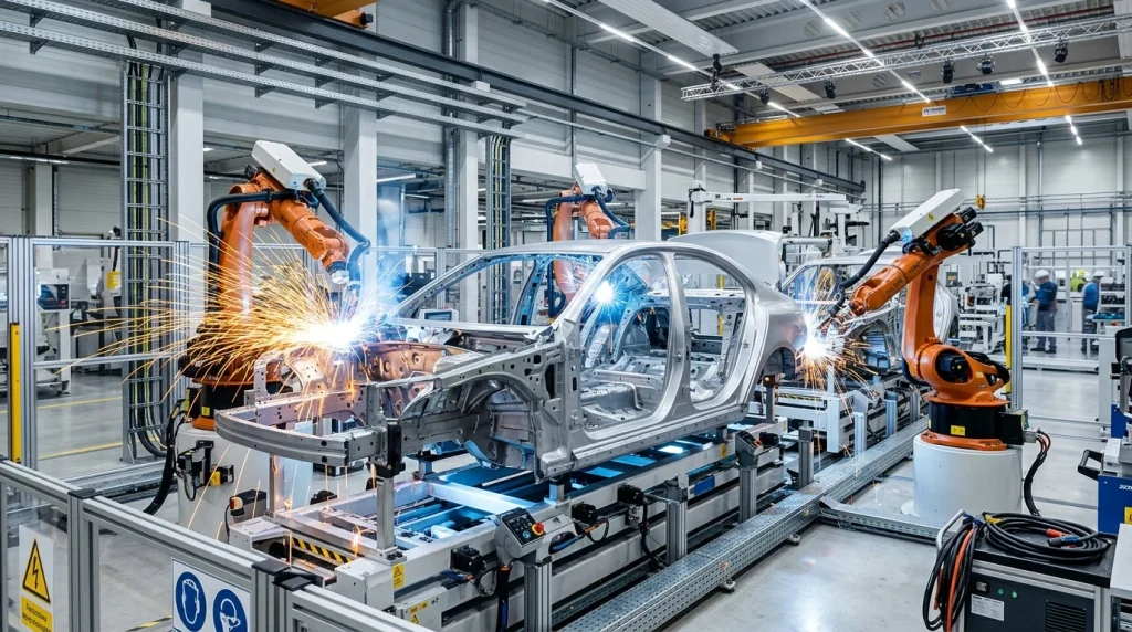 Moderná robotická linka v automobilovom priemyselnom závode