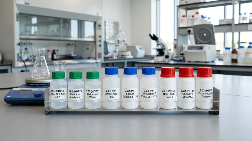 Môžu sa laboratórne a chemické vzorky dávať do plastových fľaštičiek? Kompatibilita plastov (HDPE, PP, PTFE, PET) s chemikáliami a zásady odberu vzoriek 1 Laboratórne plastové fľaštičky z HDPE, PP a PTFE na bezpečný odber a uchovávanie vzoriek