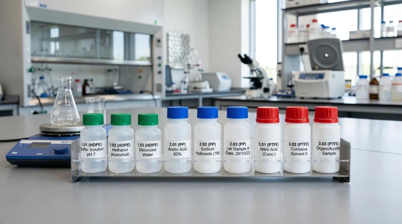 Môžu sa laboratórne a chemické vzorky dávať do plastových fľaštičiek? Kompatibilita plastov (HDPE, PP, PTFE, PET) s chemikáliami a zásady odberu vzoriek 1 Laboratórne plastové fľaštičky z HDPE, PP a PTFE na bezpečný odber a uchovávanie vzoriek