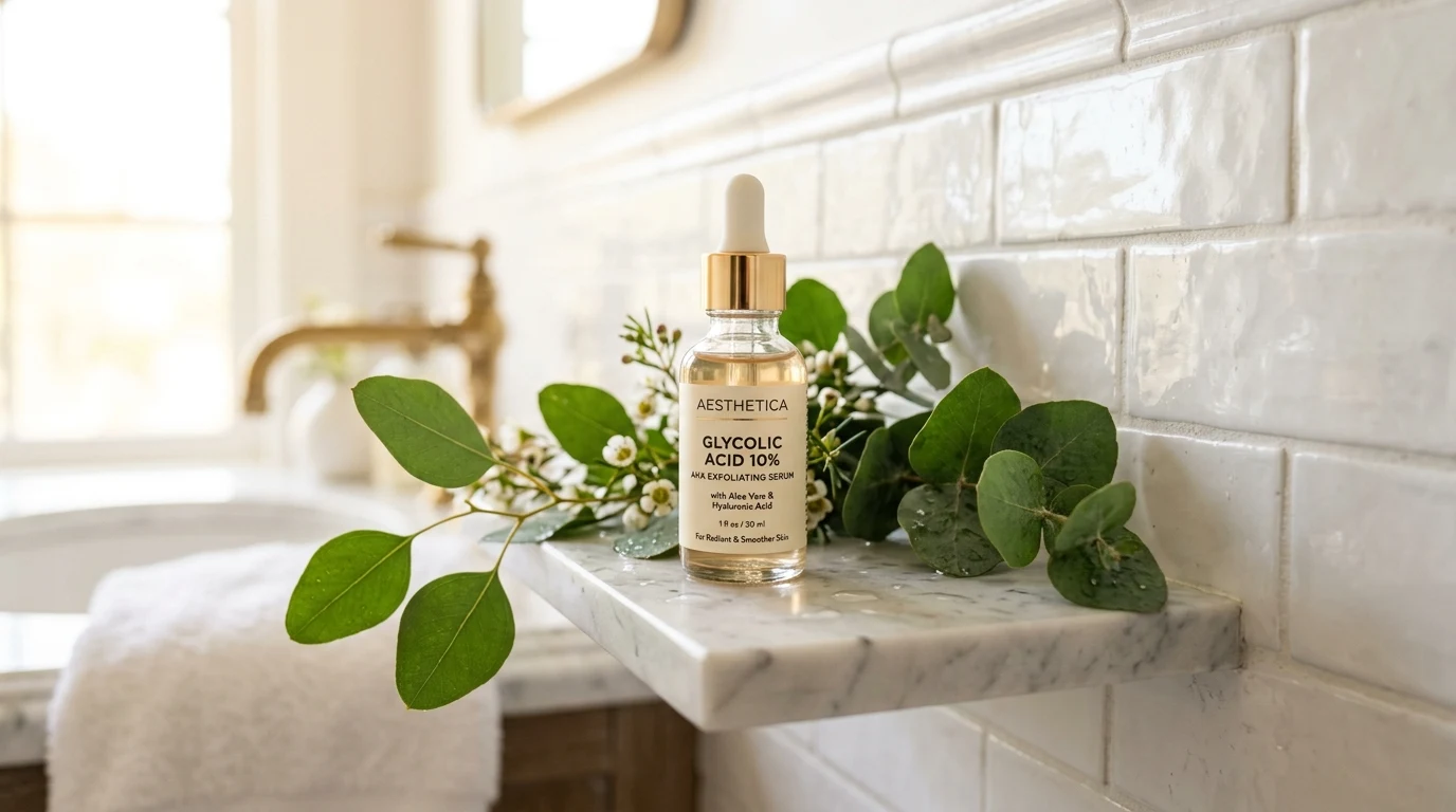 Kyselina glykolová (AHA kyselina): Účinky na pleť, chemický peeling, využitie v kozmetike a priemyselnom čistení 1 Kozmetické sérum s kyselinou glykolovou AHA na exfoliáciu a regeneráciu pleti