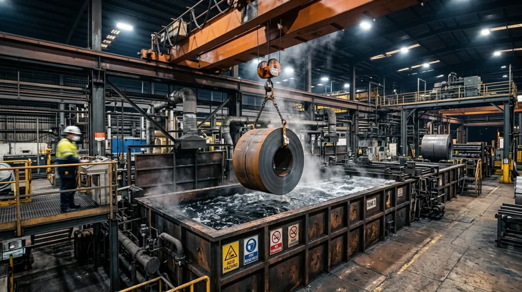 Kyselina chlorovodíková v metalurgii, morení ocele a ťažbe surovín: Chemické procesy, regenerácia kyseliny a bezodpadové technológie 3 Priemyselná moriaca vaňa s kyselinou chlorovodíkovou na kontinuálne morenie oceľových zvitkov