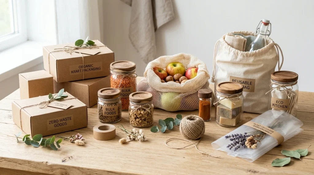 Kolekcia ekologických zero waste obalov z recyklovaného papiera, bavlny a skla