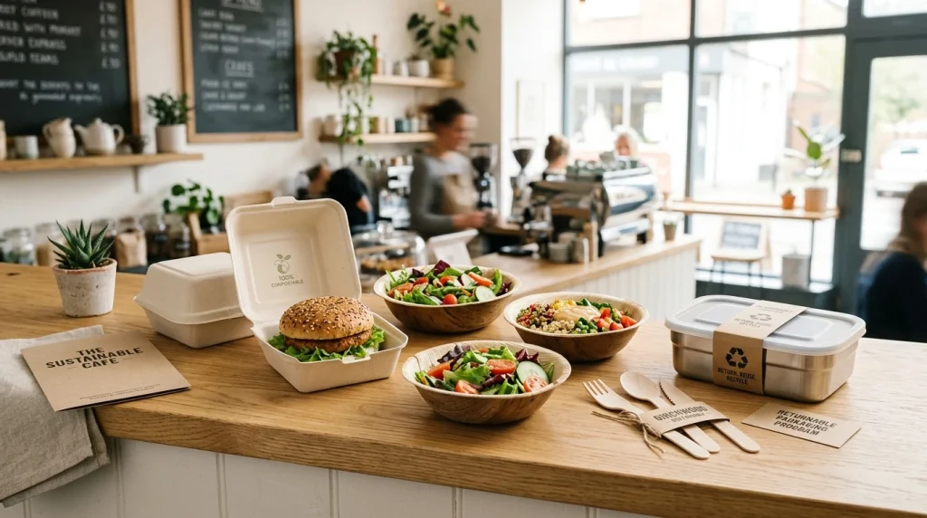 Udržateľné ekologické gastro obaly z cukrovej trstiny, palmových listov a zálohované menu boxy